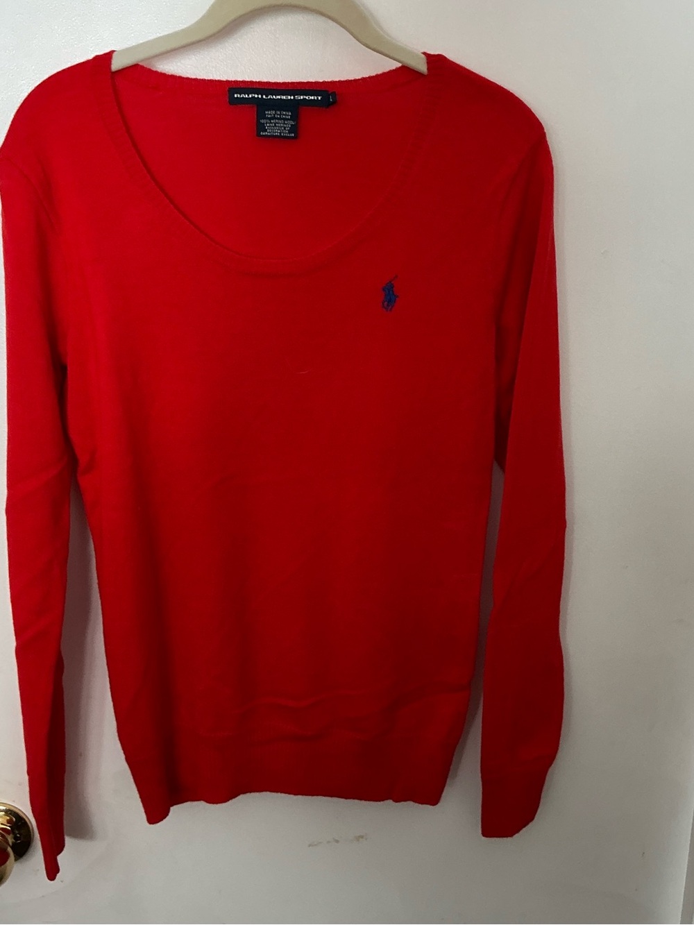 Ralph Lauren Sport Sweater Womens L Orange Merino Wool Scoop Neck Knit Pullover